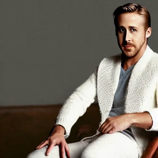 Image similar to ryan gosling in a white jacket is sitting on a chair, but it is knitted from yarn, preservation of lethality, proportions, quality, realism, focus in the foreground,