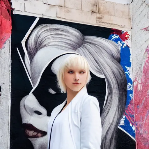 Image similar to platinum - blonde - haired hime - cut blue - eyed 1 9 - year - old french empress wearing white leggings and black silk jacket, adoring communist mural on wall, post - revolutionary era, hd photograph