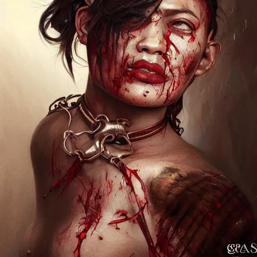 Prompt: portrait painting of a muscular bloodied dark nepali female butcher thighs, tattooed, scars, ultra realistic, concept art, intricate details, eerie, highly detailed, photorealistic, octane render, 8 k, unreal engine. art by artgerm and greg rutkowski and alphonse mucha