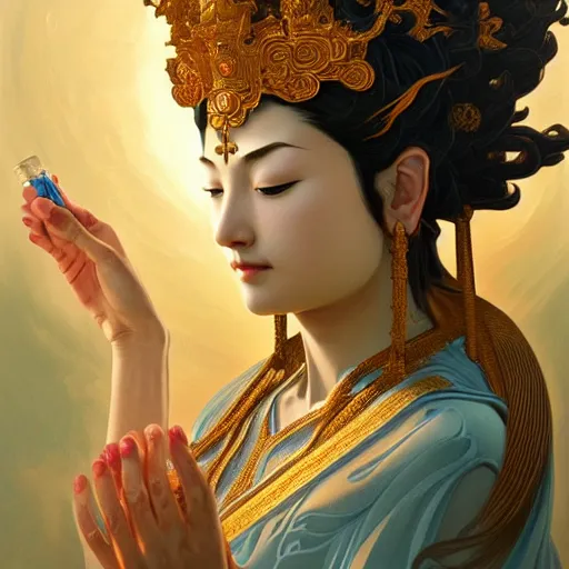 Prompt: avalokiteshvara using a deodorant, intricate, elegant, highly detailed, my rendition, digital painting, artstation, concept art, smooth, sharp focus, radiant light, illustration, art by artgerm and greg rutkowski and alphonse mucha