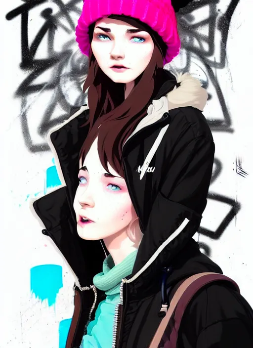 Image similar to highly detailed portrait of a street punk lady student, blue eyes, parka jacket, beanie hat, white hair by atey ghailan, by greg rutkowski, by greg tocchini, by james gilleard, by joe fenton, by kaethe butcher, gradient pink, black, brown and light blue color scheme, grunge aesthetic!!! ( ( graffiti tag wall background ) )