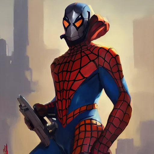 Prompt: greg manchess portrait painting of armored spiderman as overwatch character, medium shot, asymmetrical, profile picture, organic painting, sunny day, matte painting, bold shapes, hard edges, street art, trending on artstation, by huang guangjian, gil elvgren, ruan jia, greg rutkowski, gaston bussiere