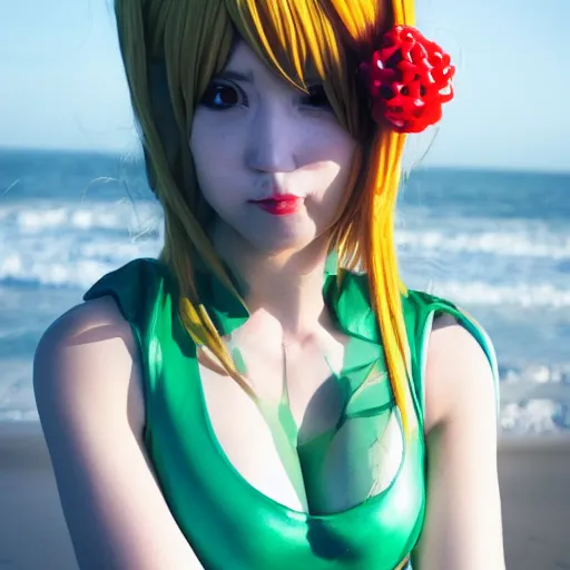 Prompt: headshot of a cute girl cosplaying as Nami from One Piece standing on a beach, cosplay, close up, photo by Sarah Moon