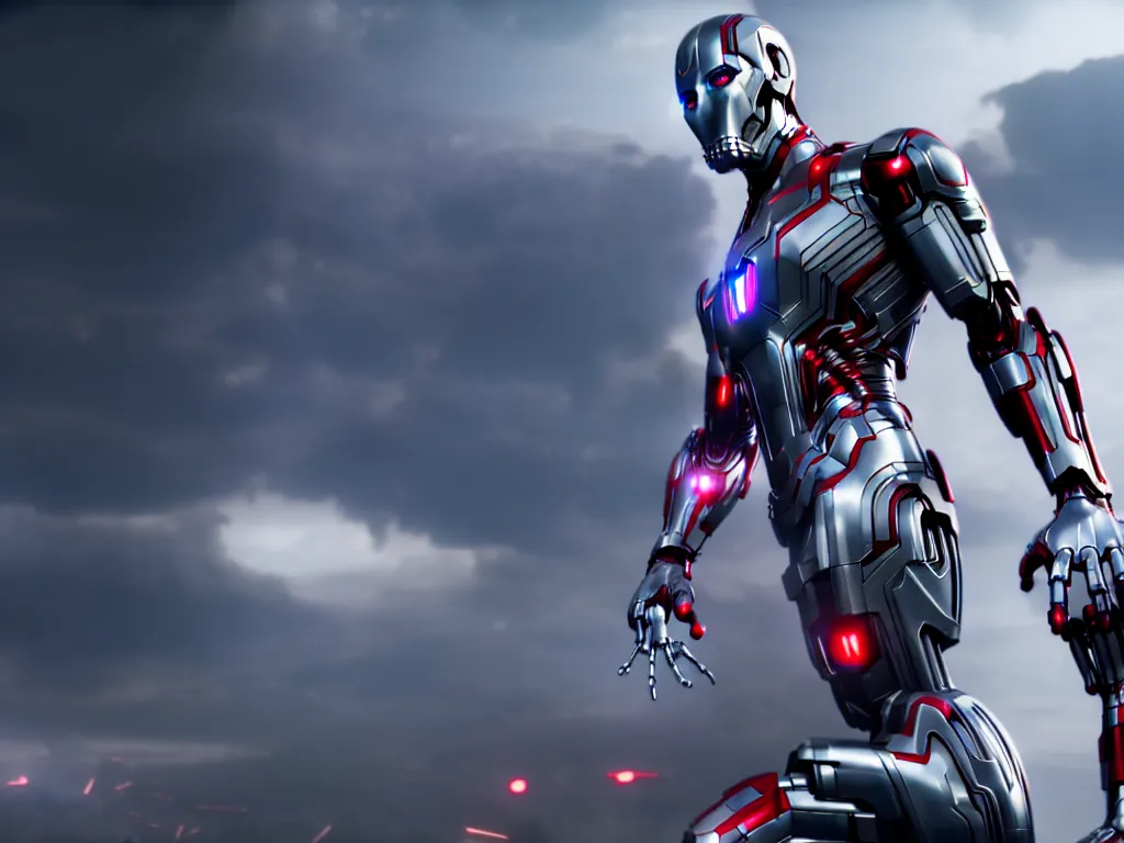 Image similar to film still of ultron in a marvel movie, science fiction industrial hard science concept art, 8K render octane high definition cgsociety, photorealistic, unreal engine 5