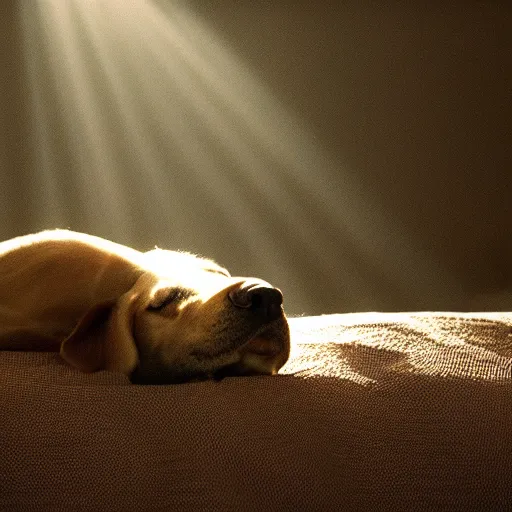 Image similar to close - up of a dog sleeping in a bed made of planets, sun rays, cinematic shot, photo still from movie by denis villeneuve