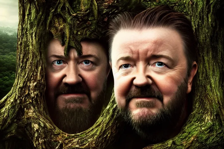 Prompt: an ultra realistic, cinematic, headshot portrait, of an evil ricky gervais tree wizard, branches, facial features, background of a vast serene landscape, with trees and rivers, detailed, deep focus, movie still, dramatic lighting, ray tracing, by michal karcz and yoshitaka amano