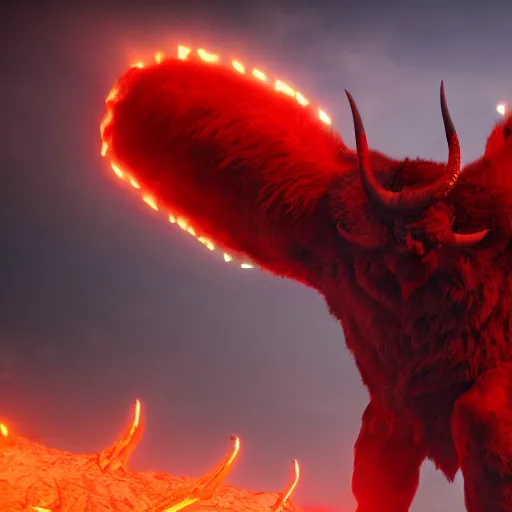 Image similar to cinematography picture of the big monster with horns and big red eye, cyclope, fluffy skin, red soft lights, 8k, unreal engine 5, cel-shading, photography, highly detailed