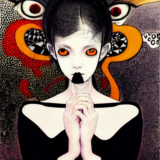 Image similar to yoshitaka amano blurred and dreamy realistic three quarter angle portrait of a young woman with black lipstick and black eyes wearing dress suit with tie, junji ito abstract patterns in the background, satoshi kon anime, noisy film grain effect, highly detailed, renaissance oil painting, weird portrait angle, blurred lost edges