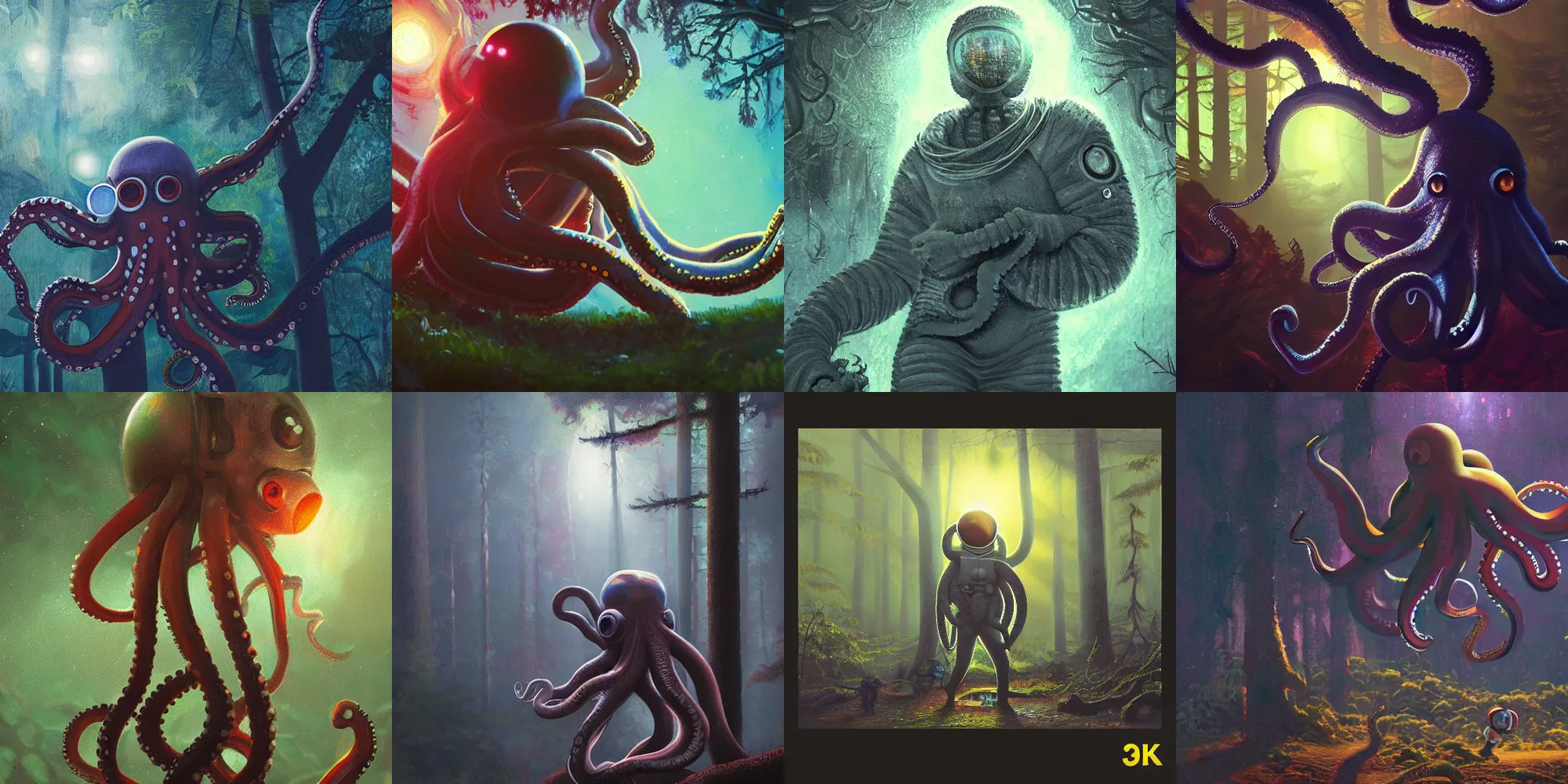 Prompt: octopus astronaut in forest, artstation oil painting 8k intricate dramatic cinematic mood backlight