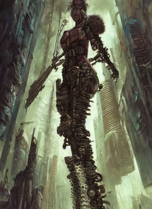 Image similar to postapocalyptic cyborg tribal warrior girl ultra realistic, blade runner, peter mohrbacher, wayne barlowe, boris vallejo, aaron horkey, gaston bussiere