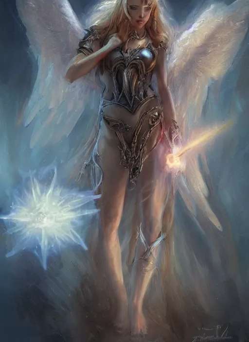 Image similar to concept art, angel knight girl. by artstation trending, by joseph mallord william turner, luis royo, konstantin razumov, cinematic lighting, fractal flame, highly detailed