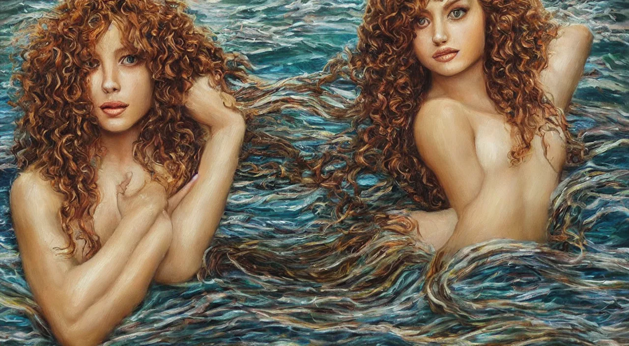 Image similar to real mermaid, oil painting, beautiful, curly hair, hd,