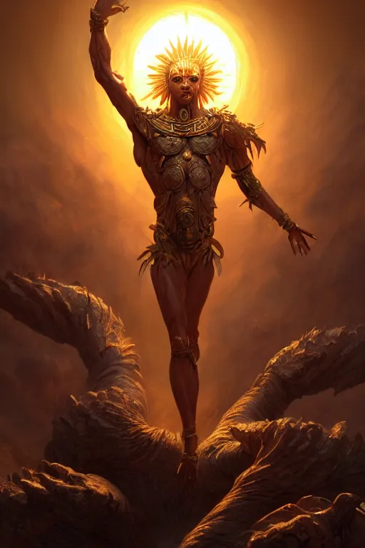 Image similar to humanoid god of the sun, highly detailed, d & d, fantasy, hyper detailed, digital painting, trending on artstation, apollo, concept art, sharp focus, illustration, art by artgerm and magali villeneuve and greg rutkowski and michael whelan, cryengine, 8 k realistic atmospheric lighting, frostbite 3 engine