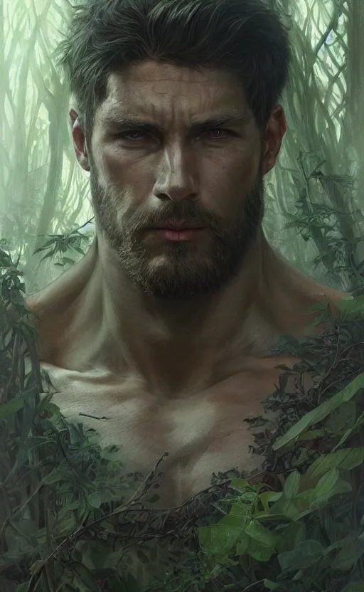 Image similar to Furious god of the forest, male, gorgeous, detailed face, clear face, amazing, muscular, intricate, highly detailed, digital painting, artstation, concept art, sharp focus, illustration, art by greg rutkowski and alphonse mucha