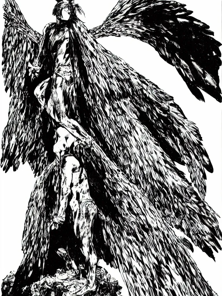 Image similar to a shaman standing on the edge of a cliff wearing a cape made of wings, by guido crepax