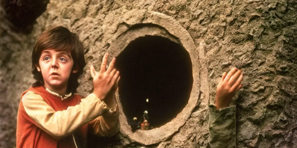 Image similar to A full color still of young Paul McCartney looking at his palm, dressed as a hobbit inside his house, directed by Stanley Kubrick, 35mm, 1970