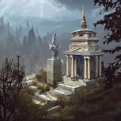 Image similar to slavic temple, greg rutkowski, view from sky,