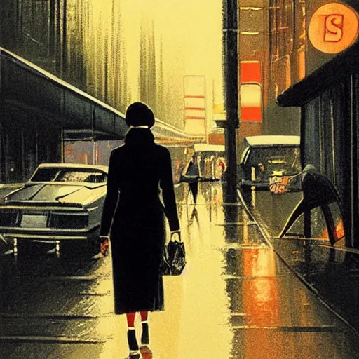Image similar to ”Woman walking in rainy city street in the 1970s at night, by syd mead”