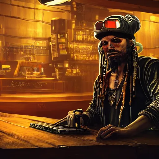 Prompt: a high quality portrait of a gritty pirate in a cyberpunk cyberpunk cyberpunk cafe, realism, 8k, award winning photo