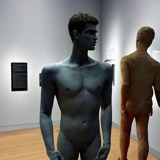 Image similar to “ a realistic detailed photo of a guy who is an attractive humanoid who is half robot and half humanoid, who is a male android, actor liam hemsworth, shiny skin, posing like a statue, blank stare, at the museum, on display ”