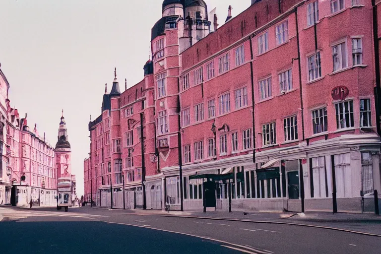 Prompt: London Street in the style of The Grand Budapest Hotel, a sunny day, 35mm, Kodak Vision3