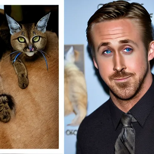 Image similar to Ryan Gosling and the cat Caracal