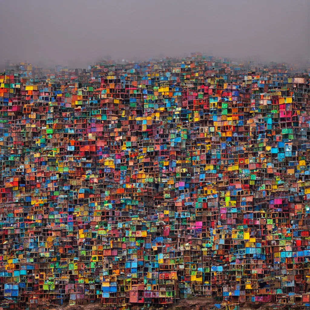 Image similar to colourful vertically densely stacked makeshift squatter shacks, suspended over a quagmire, plain uniform sky at the back, misty, mamiya, ultra sharp, very detailed, photographed by alejandro jodorowsky