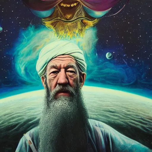 Prompt: painting of ian mckellen as osama bin laden fighting an alien invasion in deep space by creatures from jupiter, arial shot, highly detailed, award painting, 8 k, alien landscape