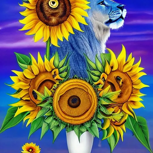 Image similar to lions and sunflowers 🌻🌫 in the style of salvador dali