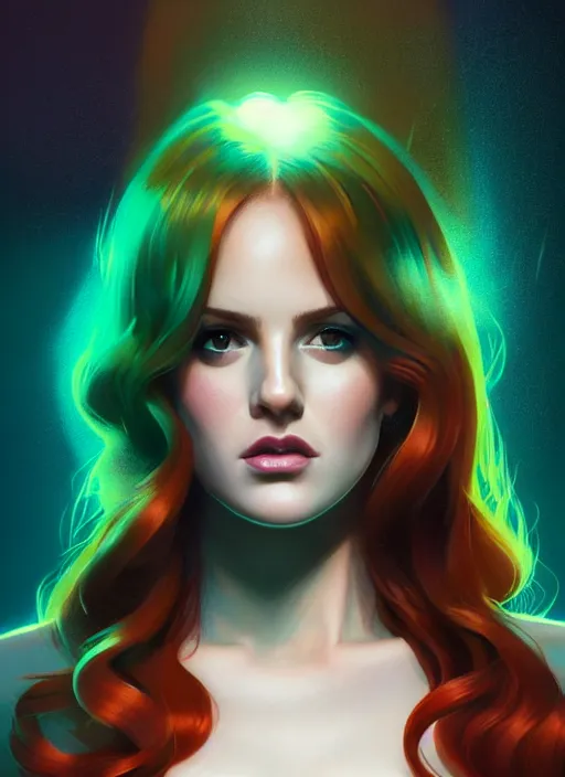 Image similar to full body portrait of teenage cheryl blossom, bangs, green eyes, mischievous expression, red hair, sultry smirk, bangs and wavy hair, intricate, elegant, glowing lights, highly detailed, digital painting, artstation, concept art, smooth, sharp focus, illustration, art by wlop, mars ravelo and greg rutkowski