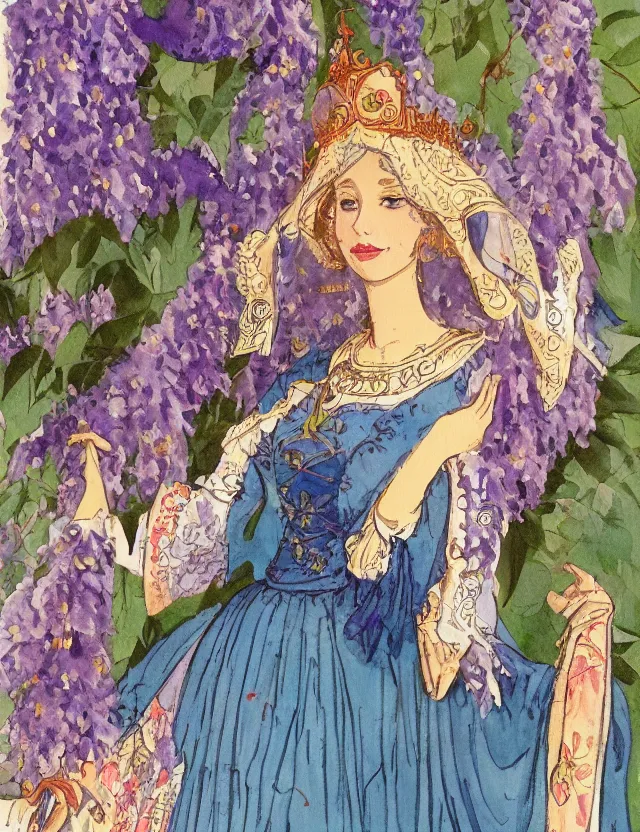 Prompt: middle eastern queen of the wisteria springs, wearing a lolita dress. this heavily stylized watercolor painting by the beloved children's book illustrator has an interesting color scheme, plenty of details and impeccable lighting.