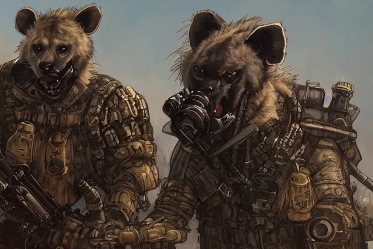 Image similar to a good ol'hyena fursona ( from the furry fandom ), heavily armed and armored facing down armageddon in a dark and gritty version from the makers of mad max : fury road. witness me.