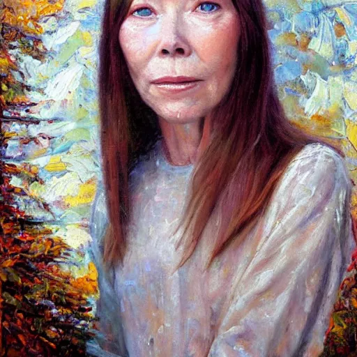 Image similar to stunning serene portrait of Sissy Spacek by Mark Arian, 0ne inch thick impasto oil on canvas, masterpiece, realism, piercing gaze, autumn bokeh