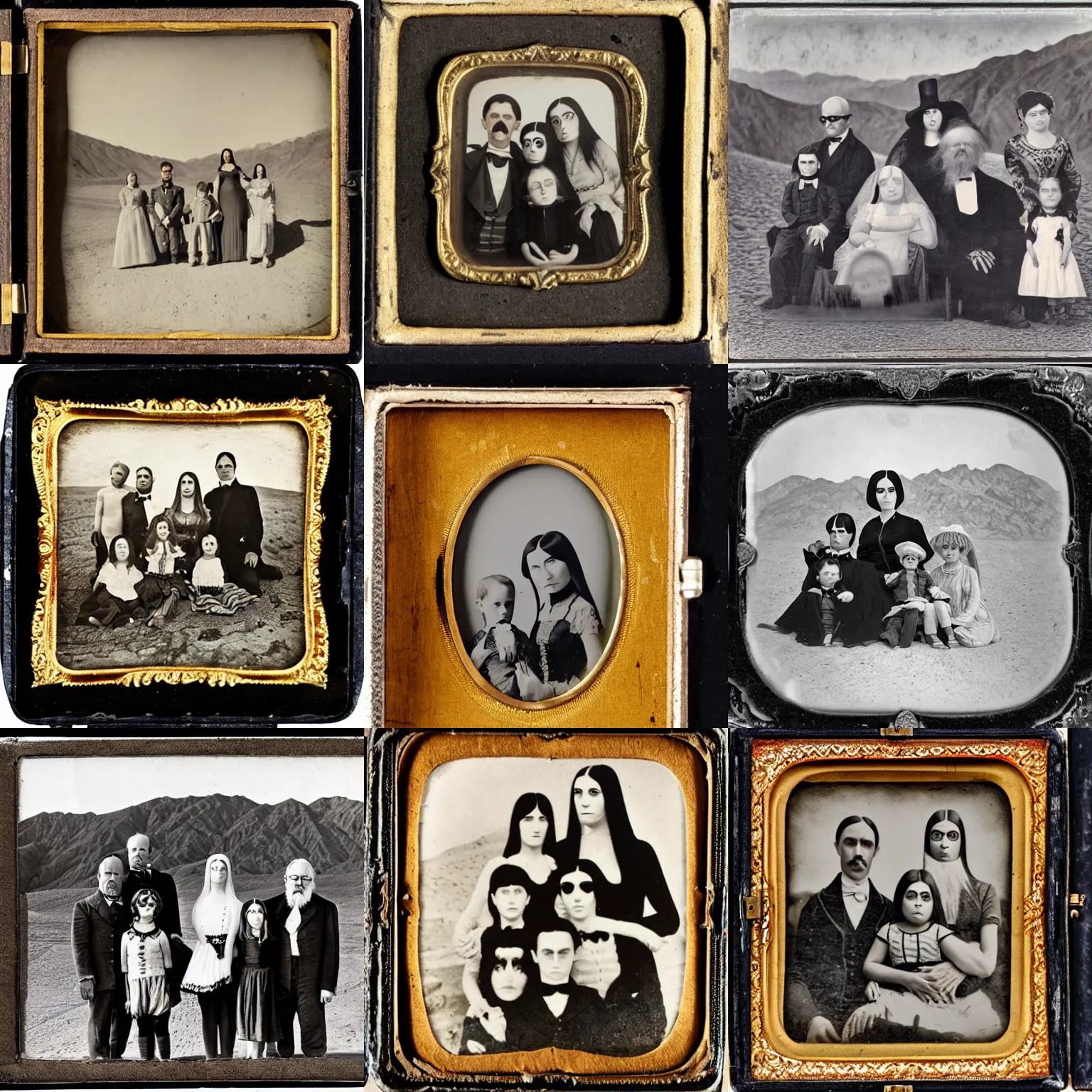 Prompt: detailed Daguerreotype photograph of Addams family on vacation in death valley. no picture frame.