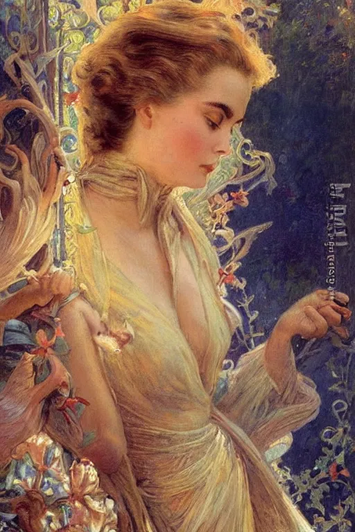 Image similar to Grace Kelly explaining the birds and the bees in the style of Gaston Bussière, art nouveau, art deco. Lush detail. Perfect composition and lighting. Surreal architecture from the future. A shaft of light illuminates her.