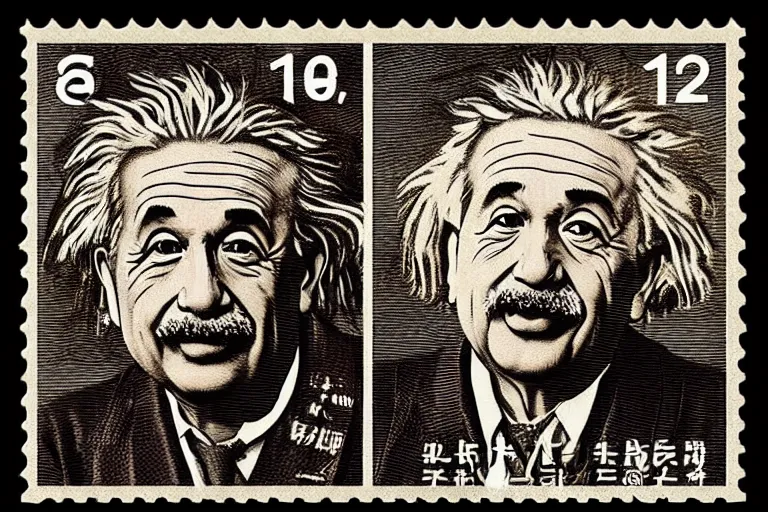 Image similar to engraved japanese postage stamp of albert einstein with theory of relativity, detailed!!! color engraving in the style of a postage stamp, fine!!! lines