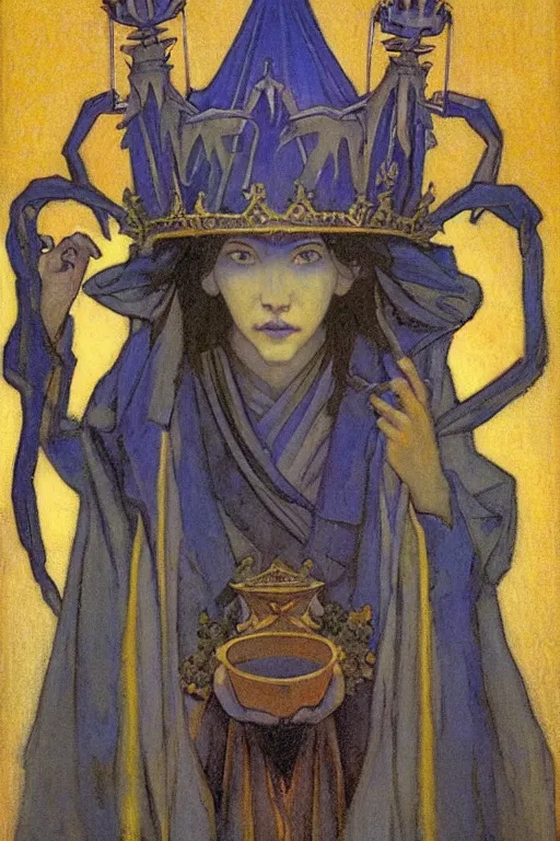 Image similar to child of darkness with their crown and lantern, by Nicholas Roerich and Annie Swynnerton and and jean delville, dramatic cinematic lighting , ornate headdress , flowing robes, sacred artifacts, lost civilizations, smooth, sharp focus, extremely detailed