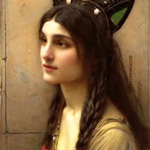 Image similar to orientalist portrait of an olive - skinned witch with cat ears in a sandstone intricate portrait by john william waterhouse and edwin longsden long and theodore ralli and henryk siemiradzki and wlop, very coherent symmetrical artwork. cinematic, hyper realism, high detail 8 k