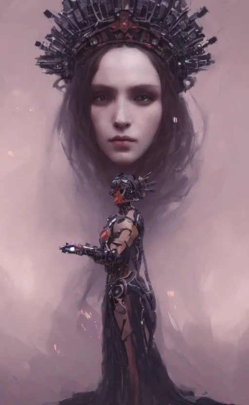 Prompt: a dark beautiful painting of a crowned robotic cyberpunk princess in a flowing gown, intricate, elegant, highly detailed, digital painting, artstation, concept art, by krenz cushart and artem demura and william adolph bouguereau