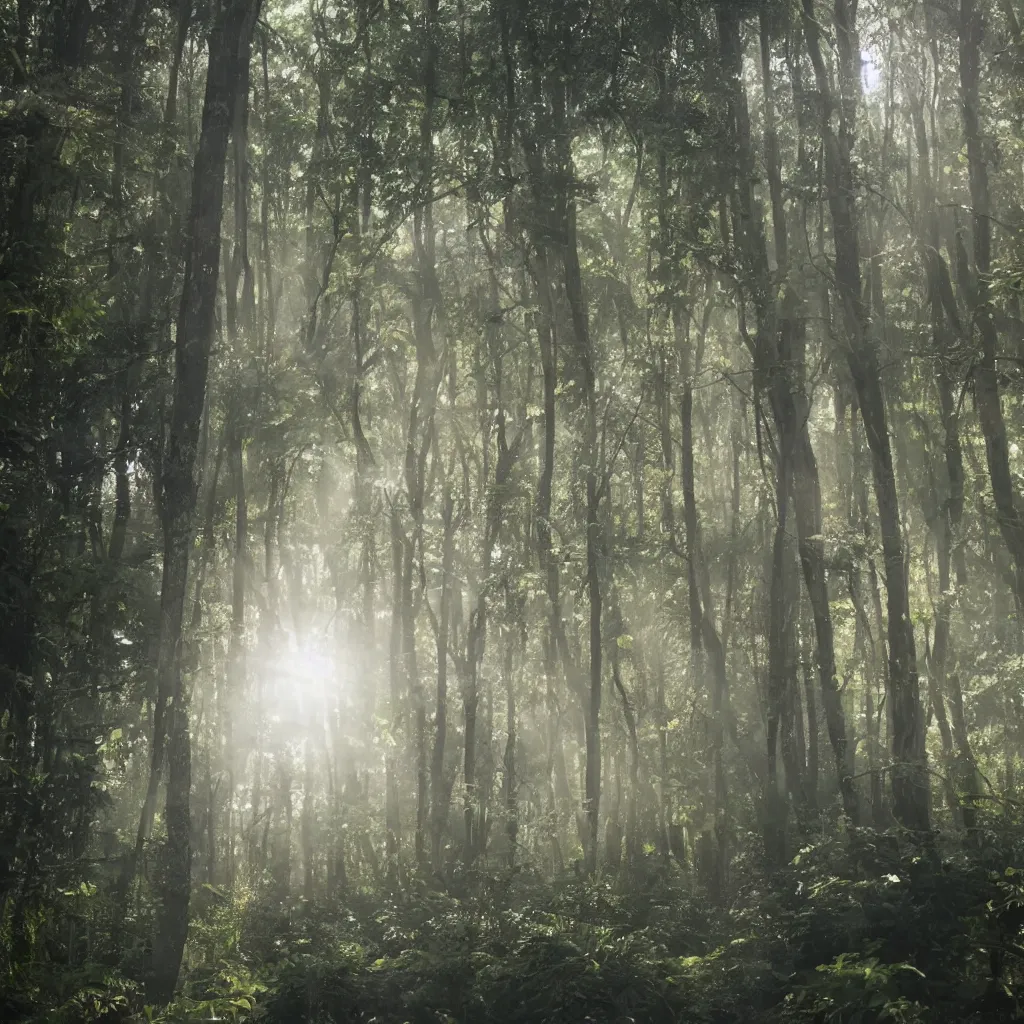 Image similar to An incredibly diverse forest, the light shoots through the trees from the sun, a walking path through the side, in the style of Hayao Miyazaki