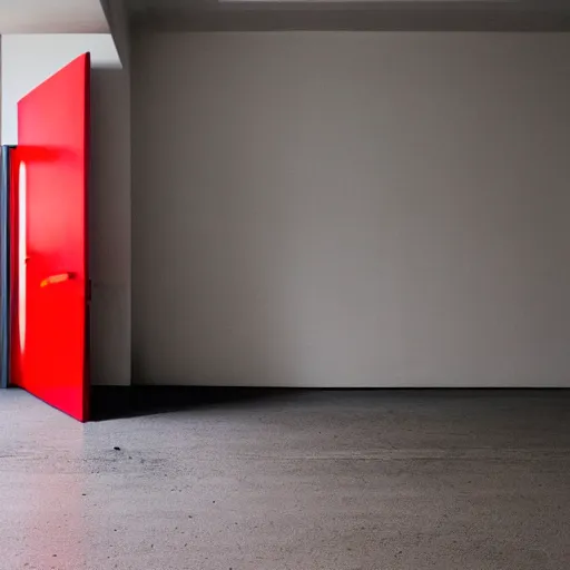 Image similar to a featureless white room with a red door on the far end, liminal space,