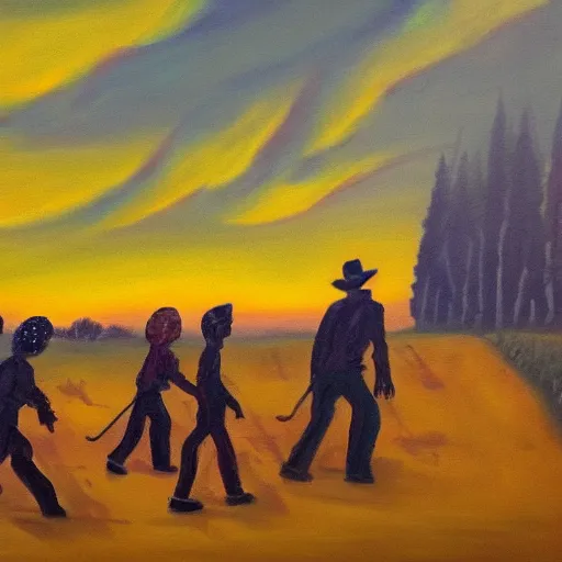 Prompt: painting of zombies walking in a yellow sky