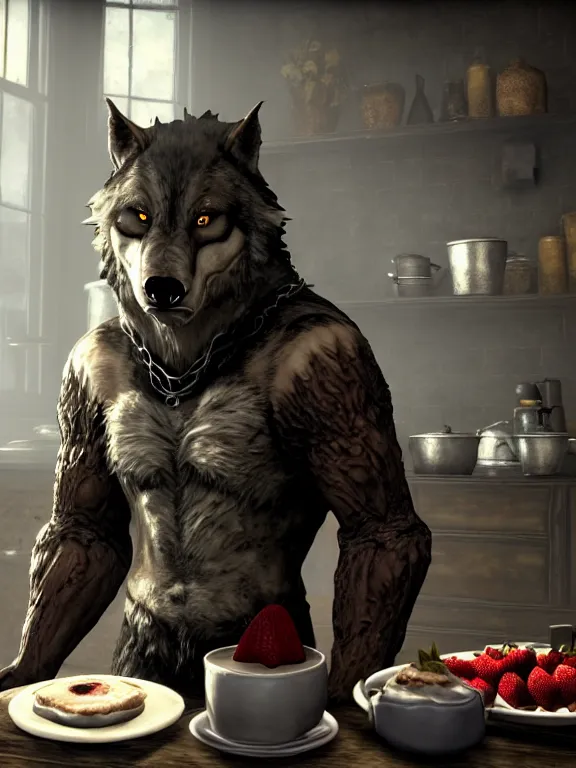 Image similar to cute handsome cuddly burly surly relaxed calm timid werewolf from van helsing sitting down at the breakfast table in the kitchen of a normal suburban home wearing a chefs apron having fun baking strawberry tart cakes unreal engine hyperreallistic render 8k character concept art masterpiece screenshot from the video game the Elder Scrolls V: Skyrim