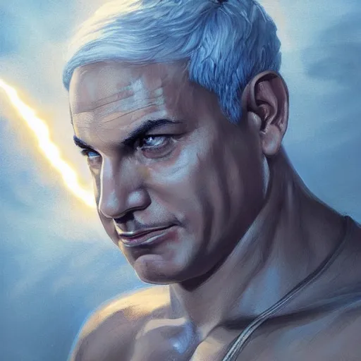 Image similar to benjamin netanyahu as the greek god of lightning, lightning bolts, highly detailed, ultra clear, by artgerm and greg rutkowski