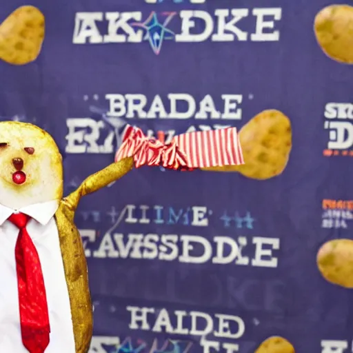 Prompt: a baked potato running for president, wearing a presidential suit and tie, press conference