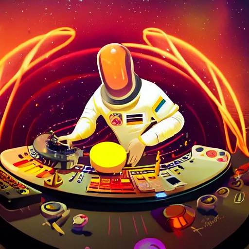 Image similar to astronaut at a dj table using cheese to spin records, highly detailed concept art, dreamy lighting, blender, beautiful