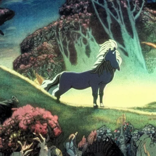 Image similar to still from the film the last unicorn, 8 k, extremely detailed, in the style of edmund dulac