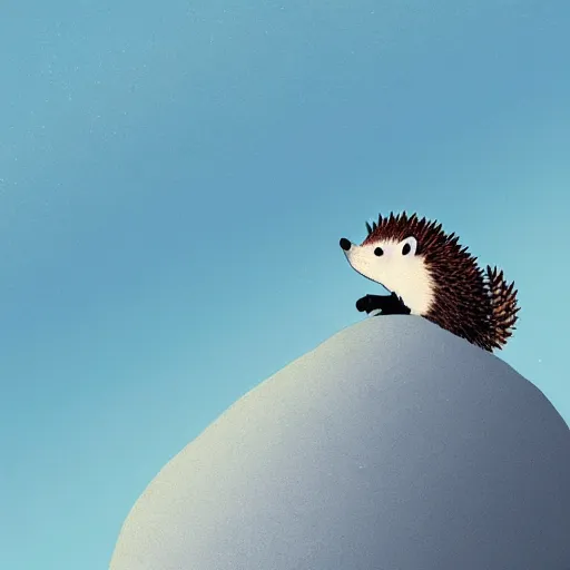 Image similar to A hedgehog on top of a mountain about to jump down the slope, from above you can see the entire forest full of trees and life, ilustration art by Goro Fujita
