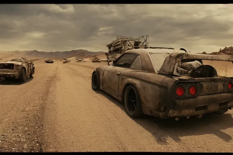 Prompt: Emma Watson driving in Mad Max Road Warrior, rusted, cobbled together Nissan R34 GTR, screenshot, cinematic Eastman 5384 film