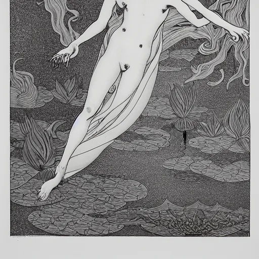 Prompt: A phoenix in fire bathes where water lilies are floating, lithography by Aubrey Beardsley, High definition, detailed,